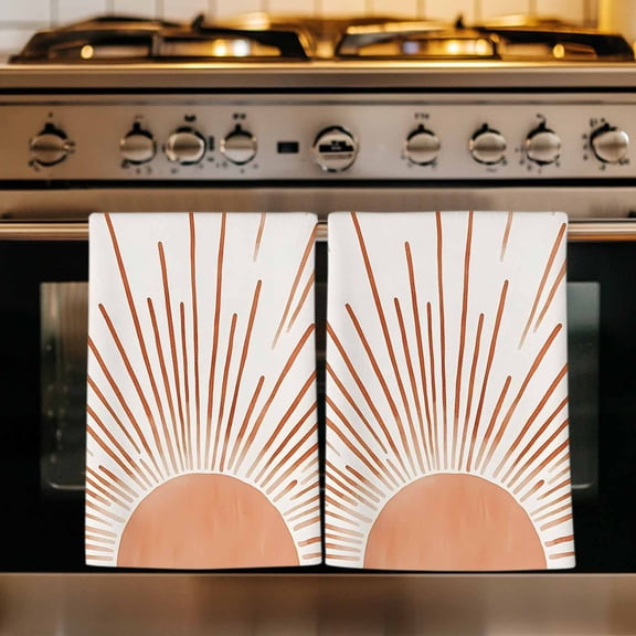 Orange Sunshine Kitchen Towels Set of 1, Lines Retro Abstract Middle Century Absorbent Dish Towels for Kitchen, Microfiber Hand Towel, Quick Drying Tea Towel for Cleaning Decorative Dishcloths