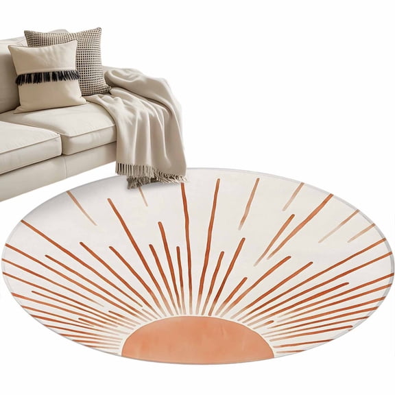 Orange Sunshine Round Area Rug 4ft, Lines Retro Abstract Middle Century Washable Non-Slip Circle Rugs for Bedroom Living Room Kitchen, Soft Non Shedding Circle Carpet for Dining Room Dorm