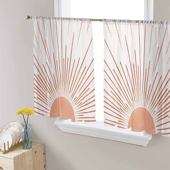 Orange Sunshine Semi Sheer Curtains 54 Inch Length 2 Panels Set, Lines Retro Abstract Middle Century Sheer Kitchen Curtain Privacy Voile Window Curtain for Living Room Bedroom Rod Pocket Drapes