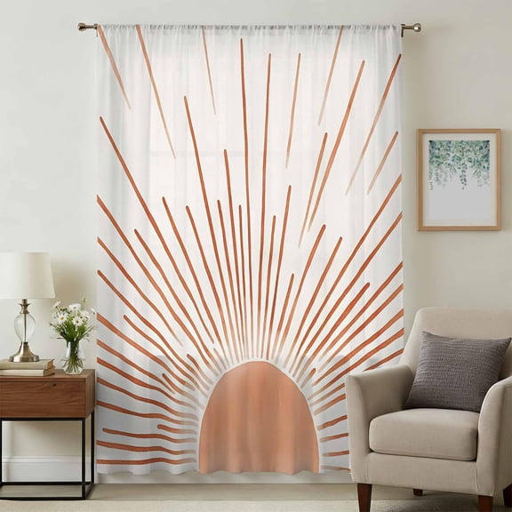 Orange Sunshine Sheer Curtains 54 Inches Long, Lines Retro Abstract Middle Century Light Filering Curtains, Breathable Simi Curtain Privacy Drapes for Kitchen Bathroom Small Window Treatment