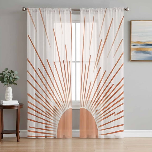 Orange Sunshine Sheer Curtains 96 Inch Length 2 Panels Set, Lines Retro Abstract Middle Century Voile Window Treatment Semi Sheer Long Curtains Drapes for Bedroom/Living Room/Kitchen 52"x96"x2