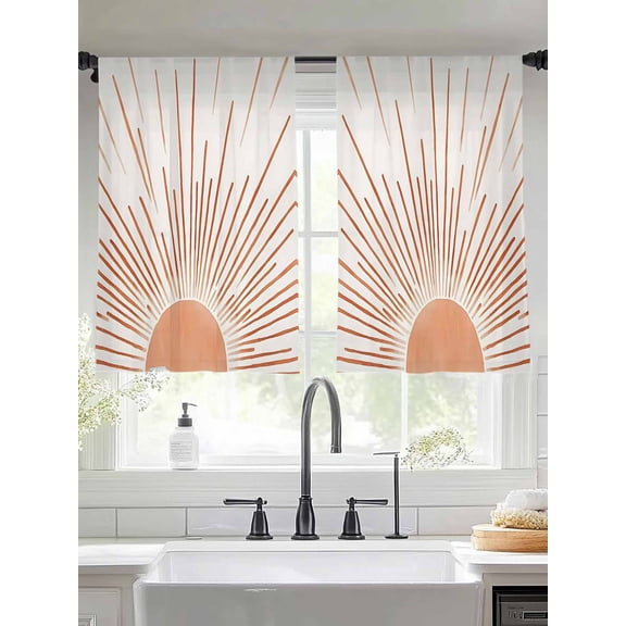 Orange Sunshine Sheer Curtains for Living Room Bedroom Lines Retro Abstract Middle Century Sheer Curtains 54 Inch Long 2 Panels Set Light Filtering Curtain Window Treatments Drapes for Dining Room
