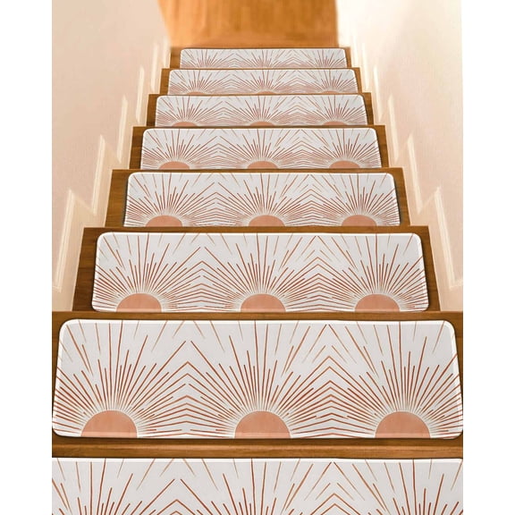Orange Sunshine Stair Treads for Wooden Steps Indoor Runner Rug Carpet, Lines Retro Abstract Middle Century 7 Pieces Peel and Stick Staircase Step Treads Covers Washable Throw Door Mats, 30"x8"