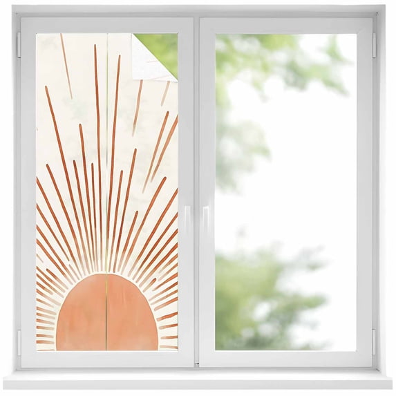 Orange Sunshine Window Privacy Film, Lines Retro Abstract Middle Century Static Cling UV Sun Blocking Heat Control Window Tint Day and Night, Non-Adhesive One Way Windows Privacy Cover 17.7''x39.3''