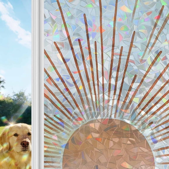 Orange Sunshine Window Privacy Film Stain Glass,Reusable Decorative Rainbow Window Film,Lines Retro Abstract Middle Century Static Cling Sun Blocking Stickers Decals Covers 19.6" x 39.3" (2pcs)