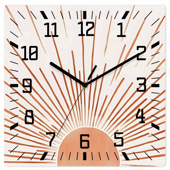 Orange Sunshine Wooden Wall Clock Silent Non Ticking, Lines Retro Abstract Middle Century Square Wall Clocks Battery Operated, Decor Clock for Home Office, Living Room, Kitchen, 12 Inch