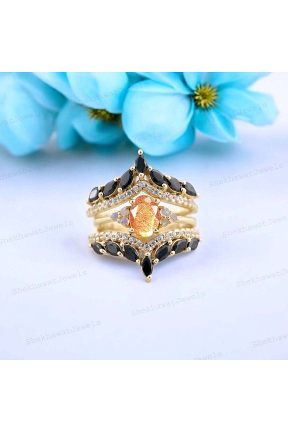 Orange Sunstone engagement ring set Vintage Oval shaped art deco 14k Yellow gold Black Onyx ring Enhancer Set 3 Pcs Ring Set for women wedding bridal ring set