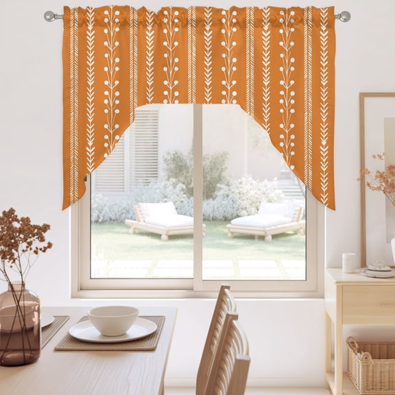 Orange Swag Valance for Windows, Autumnal Rustic Vertical Dashed Lines Shabby Chic Leaf Swag Curtains Valances for Small Window Treatment Rod Pocket for Kitchen Bathroom 1 Panel 56x36in