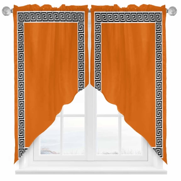 Orange Swag Valances for Windows 2 Pack Greek Chinese Style Border Geometric Swag Kitchen Curtains 36 Inches Long Rod Pocket Short Window Treatment for Kitchen Bathroom 36"x36"