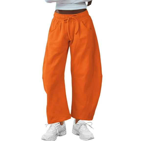 Orange Sweatpants Women's Sports Pants Waist Curved Wide Leg Pants Casual Pocket Sweatpants