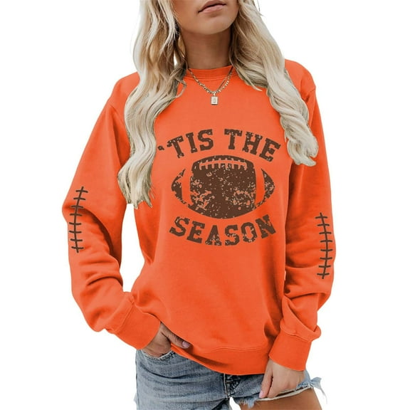 Orange Sweatshirt for Women's Fashion Casual Letter Rugby Print Crew Neck Top Hoodless Sweatshirt Women Fall Clothes