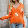 thumbnail image 1 of Orange Sweatshirt for Women's Ripped Long Sleeved Loose Knit Sweater with Small Flower V Neck Pullover Women Fall Clothes, 1 of 6