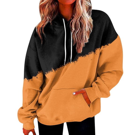 Orange Sweatshirt for Womens Plus Size Casual Hooded Sweatshirt with Pockets Long Sleeve Drawstring Sweatshirt Loose Sweatshirt Women Fall Clothes