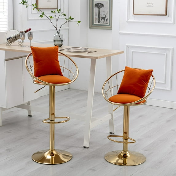 Orange Swivel Bar Stools, Adjustable Counter Height Barstools with Pure Gold Plated & Mesh backrest, Velvet Bar Chairs for Dining Room Home Bar Kitchen Island, Set of 2