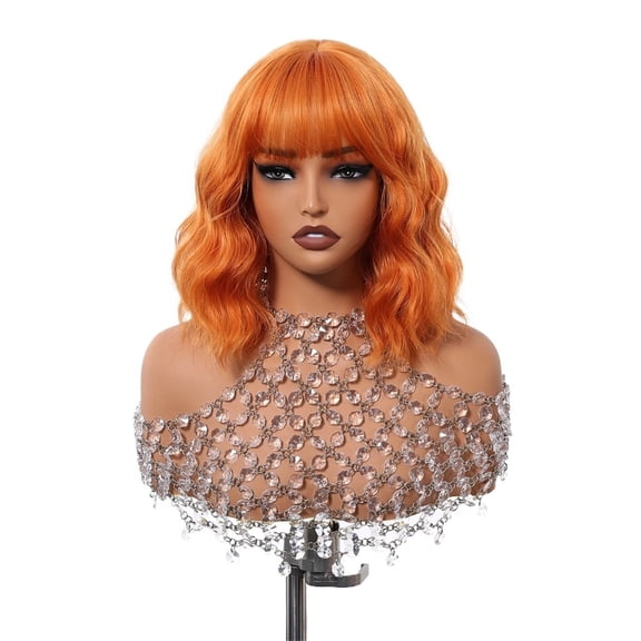Orange Synthetic Wig with Bangs Short Water Wave Natural Bob Wigs Use Heat Resistant Fiber