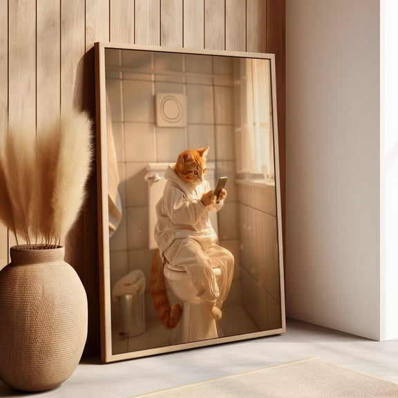 Orange Tabby Cat Bathroom Wall Art, Whimsical Cat Decor, Unframed Paper Print Size 24x36