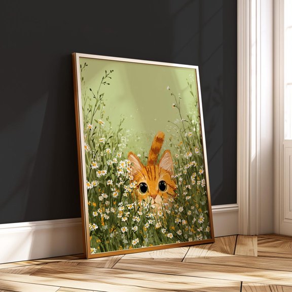 Orange Tabby Cat Kitten in Chamomile Field Whimsical Floral Art, Unframed Paper Poster 8x10in