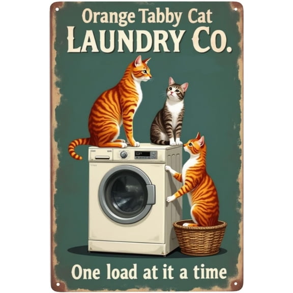 Orange Tabby Cat Laundry Co Metal Wall Sign 8x12 Inch Tin Plaque for Bathroom Bar Cafe Bedroom Living Room Décor