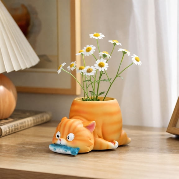 Orange Tabby Cat Planter, Cute Resin Cat Shaped Flower Pot with Fish Biting Design, Mini Succulent Planter for Air Plants Cactus Desktop Home Office Decor Gift for Cat Lovers