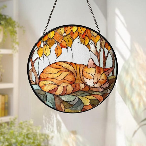 Orange Tabby Cat Sleeping Glass Suncatcher, Cat Lover Tabby Mom, 3.5 in