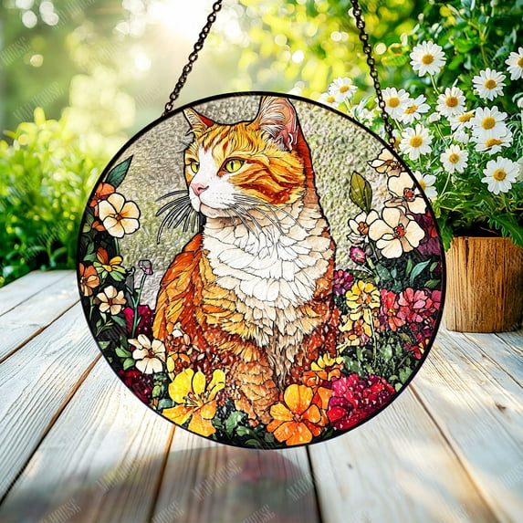 Orange Tabby Cat Stained Glass Window Hanging, Elegant Floral Design, Home and Car Decoration, Perfect Gift for Cat Lovers or Art Enthusiasts