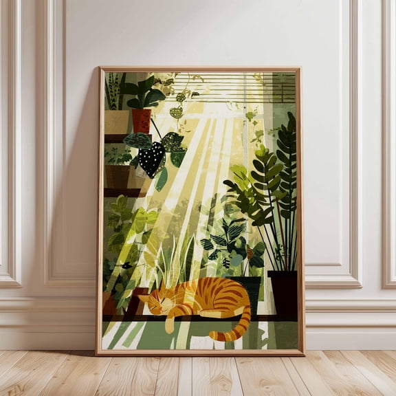 Orange Tabby Cat Sunbeam Indoor Plants Botanical Home Decor Art Unframed Paper Print