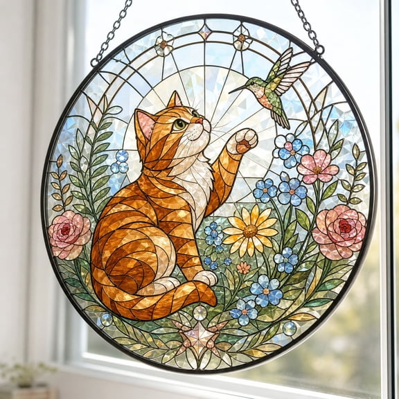 Orange Tabby Cat and Butterfly Glass Suncatcher, Crystal Diamond Background Window Hanging