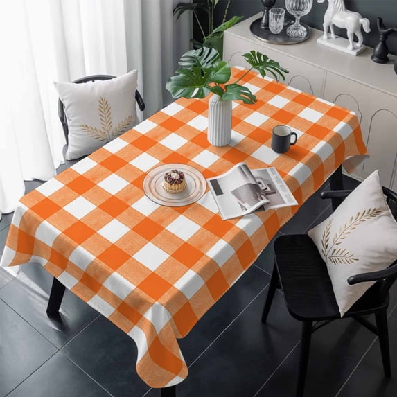 Orange Table Cloth Waterproof Tablecloths, Country French Rustic Buffalo Plaid Modern Art Tablecloth Dining Table Cover for Kitchen Party Tabletop Outdoor, Rectangle Tablecloth 60x120 Inch