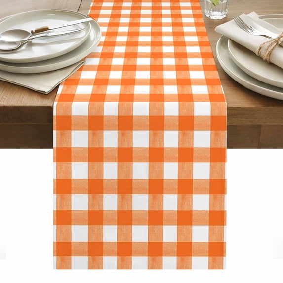 Orange Table Runner - 108 Inch Long, Kitchen Dining Table Runner Dresser Scarves, Country French Rustic Buffalo Plaid Modern Art Farmhouse Decor for Coffee Tables Wedding Party Banquet