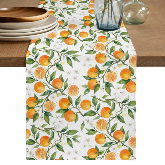 Orange Table Runner 70 Inches, Green Botanical Watercolor Summer Fruits Bed Runner Dresser Scarves Tabletop for Indoor Outdoor Parties/Ceremony/Banquet, 13" x 70"