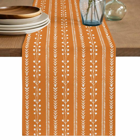 Orange Table Runner, Autumnal Rustic Vertical Dashed Lines Shabby Chic Leaf Cotton Linen Table Cloth, Tablerunner for Kitchen Dining Party Wedding Home Decor 13x36 Inch