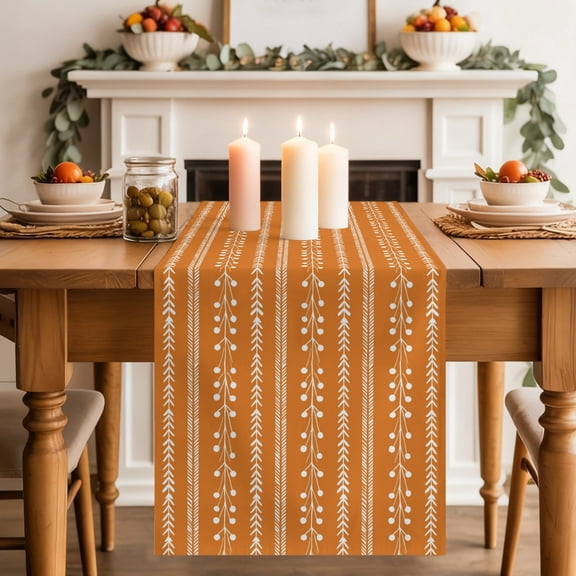 Orange Table Runner, Autumnal Rustic Vertical Dashed Lines Shabby Chic Leaf Washable Cotton-linen Table Runners Dining Kitchen Decoration for Everyday Home Wedding Party Decor, 13 x 36 Inch