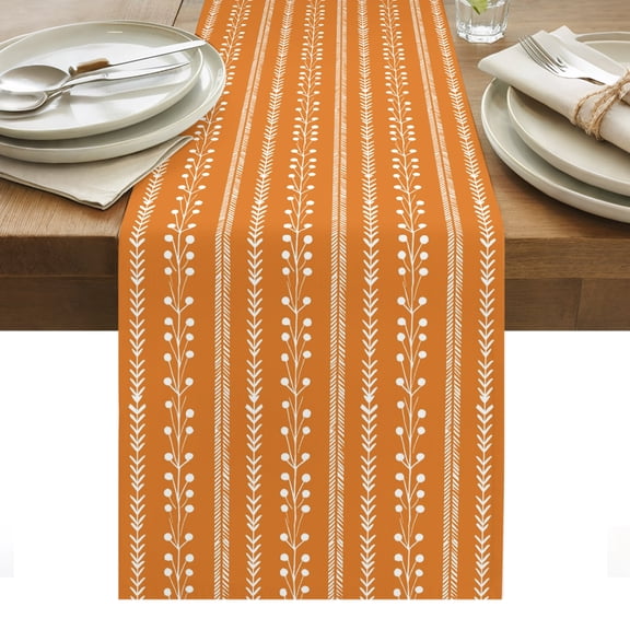 Orange Table Runner, Autumnal Rustic Vertical Dashed Lines Shabby Chic Leaf Washable Kitchen Table Runners Dress Scarves for Dining Table Decorations Party/Restaurant/Indoor Outdoor Use, 13x36in