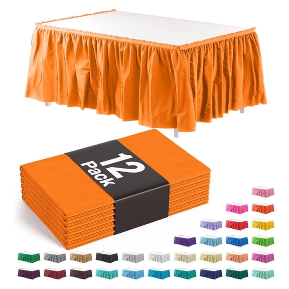 Orange Table Skirt 12 Pack 29" X 14' Disposable Plastic Table Skirts for Rectangle Tables 6ft + or Round Tables - Ruffle Table Skirt with Adhesive Strip - Gender Reveal Decor & Party