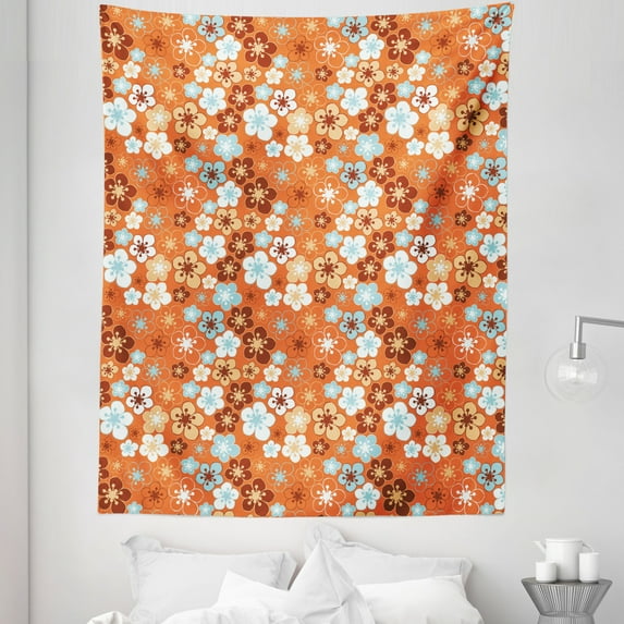 Orange Tapestry, Old Fashioned Doodle Flora Abstract Blooming Meadow in Summer Theme, Fabric Wall Hanging Decor for Bedroom Living Room Dorm, 5 Sizes, Sky Blue Orange Brown, by Ambesonne