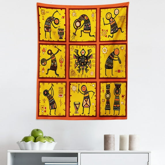 Orange Tapestry, Patterns Aboriginal Native Culture Arrangement, Fabric Wall Hanging Decor for Bedroom Living Room Dorm, 5 Sizes, Coral Black Yellow, by Ambesonne