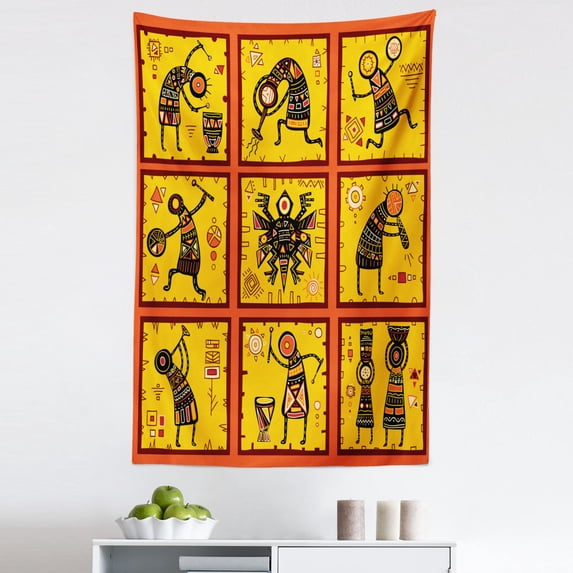 Orange Tapestry, Patterns Aboriginal Native Culture Arrangement, Fabric Wall Hanging Decor for Bedroom Living Room Dorm, 5 Sizes, Coral Black Yellow, by Ambesonne