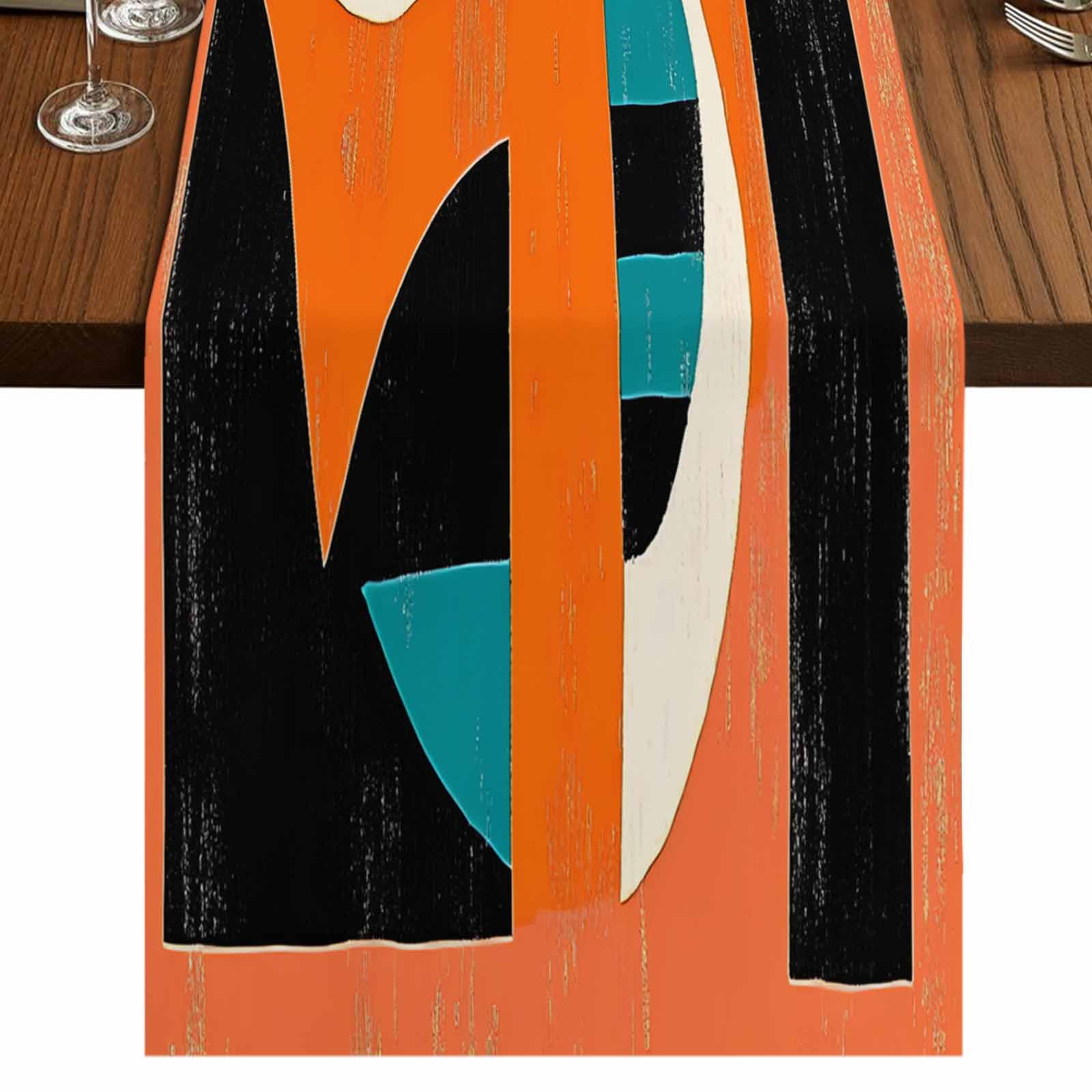 Orange Teal Black 60 Inch Table Runner, Modern Impressionist Geometric ...