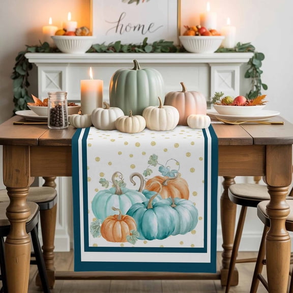 Orange Teal Blue Pumpkin Cotton Linen Table Runner, Washable Table Runners for Kitchen, Dining Room, Holiday, Home Party Table Decor, 13x48 Inches