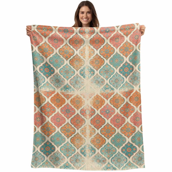 Orange Teal Boho Blanket Soft Cozy Warm Throw Blanket for Couch, Plush Fuzzy Flannel Blankets for Sofa, Morocco Vintage Abstract Geometric Bed Blankets Lightweight Gifts for Women, 30"x40"