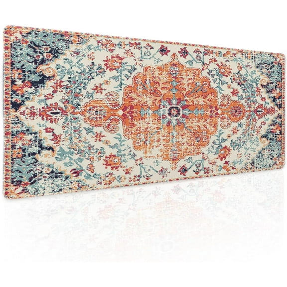 Orange Teal Boho Gaming Mouse Pad XL Persian Rug Carpet Bohemian Retro Extended Large Desk Mat Big Mousepad Non-Slip Rubber Base Stitched Edge Long Desk Pad for Desktop Office PC Gamer,31.5×11.8 in