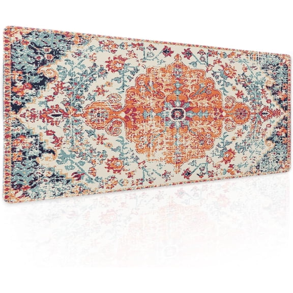 Orange Teal Boho Gaming Mouse Pad - XL Rug Carpet, Bohemian Retro Extended Large Desk Mat, Non-Slip Rubber Base, Stitched Edge, Long Desk Pad for Desktop Office PC Gamer, 31.5x11.8in