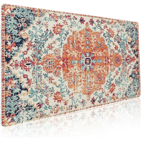 Orange Teal Boho Gaming Mouse Pad XXL Vintage Rug Bohemian Extended Large Desk Mat Big Mousepad Non-Slip Rubber Base Stitched Edge Long Mousepad for Desktop Office PC Gamer, 35.4 x 15.7 Inch