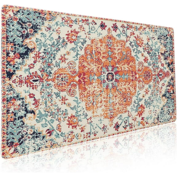 Orange Teal Boho Gaming Mouse Pad - XXL Vintage Rug Bohemian Extended Large Desk Mat, Non-Slip Rubber Base, Stitched Edge, Ideal for Desktop Office PC Gamer, 35.4x15.7 Inch
