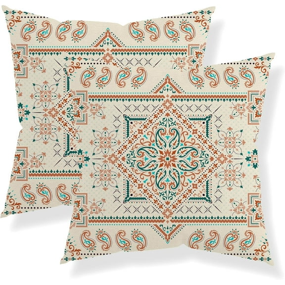 Orange Teal Boho Pillow Covers 18x18 Set of 2, Persian Carpet Pattern Decor Bohemia Throw Pillows Outdoor Paisley Decorative Cushion Case Boho Decorations for Home Couch Sofa