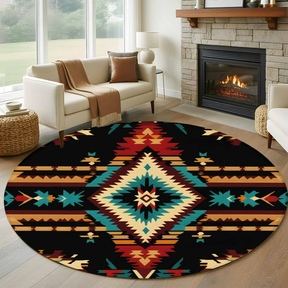 Orange Teal Boho Round Area Rug 7 FT,Non Slip Living Room Area Carpet,Southwestern Ethnic Abstract Geometric Washable Soft Circular Rug Floor Carpet for Bedside Office Play Room Classroom