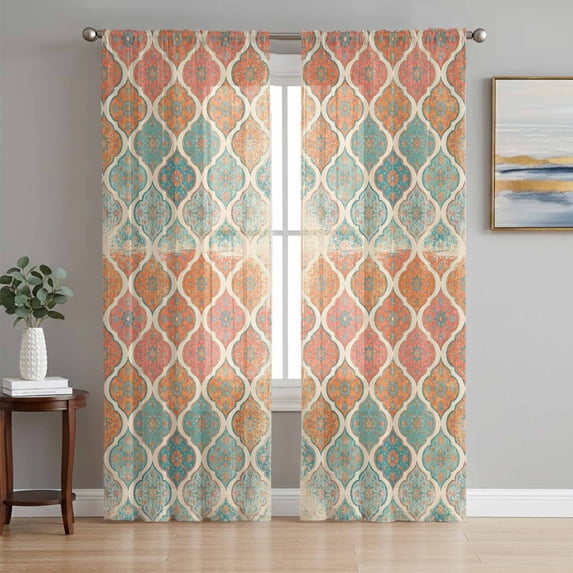 Orange Teal Boho Sheer Curtains 63 Inch Length 2 Panels Set, Morocco Vintage Abstract Geometric Voile Window Treatment Rod Pocket Curtains Sheers Drapes for Bedroom/Living Room/Kitchen 52x"63"x2