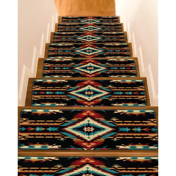 Orange Teal Boho Stair Treads for Wooden Steps Indoor Runner Rug Carpet, Southwestern Ethnic Abstract Geometric 4 Pieces Peel and Stick Staircase Step Treads Covers Washable Throw Door Mats, 30"x8"
