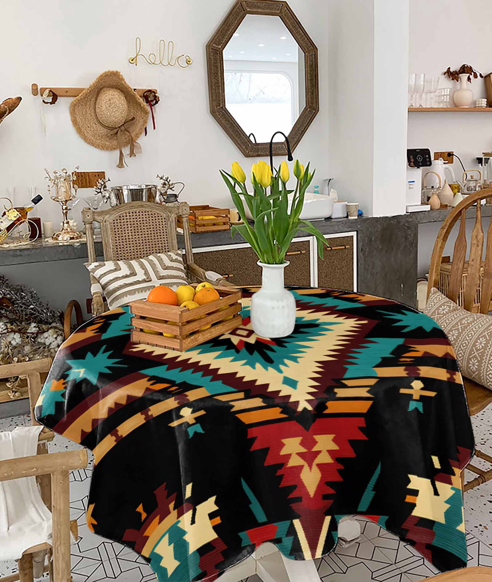 Orange Teal Boho Tablecloth Square Table Cloth 54x54, Waterproof Tablecloth Outdoor Table Cloth, Southwestern Ethnic Abstract Geometric Washable Table Cover for Kitchen Dining Party