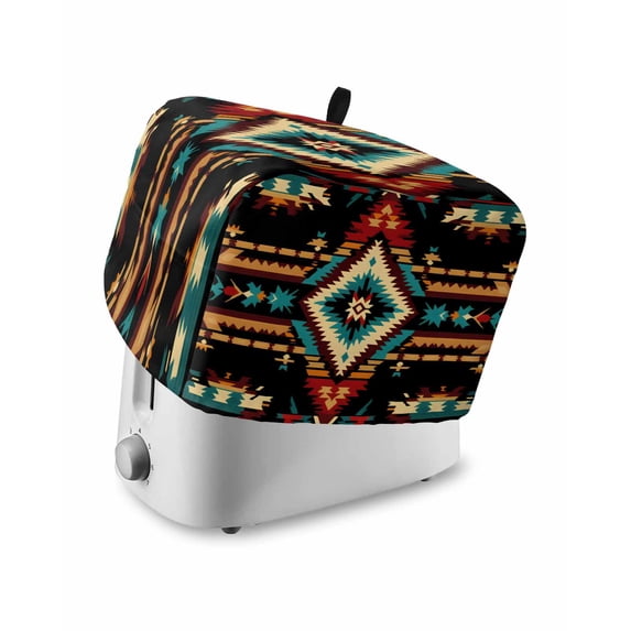 Orange Teal Boho Toaster Cover 2 Slice, Southwestern Ethnic Abstract Geometric Dustproof Bread Machine Oven Cover with Storage Pockets, Fits Most Kitchen Toasters Protector